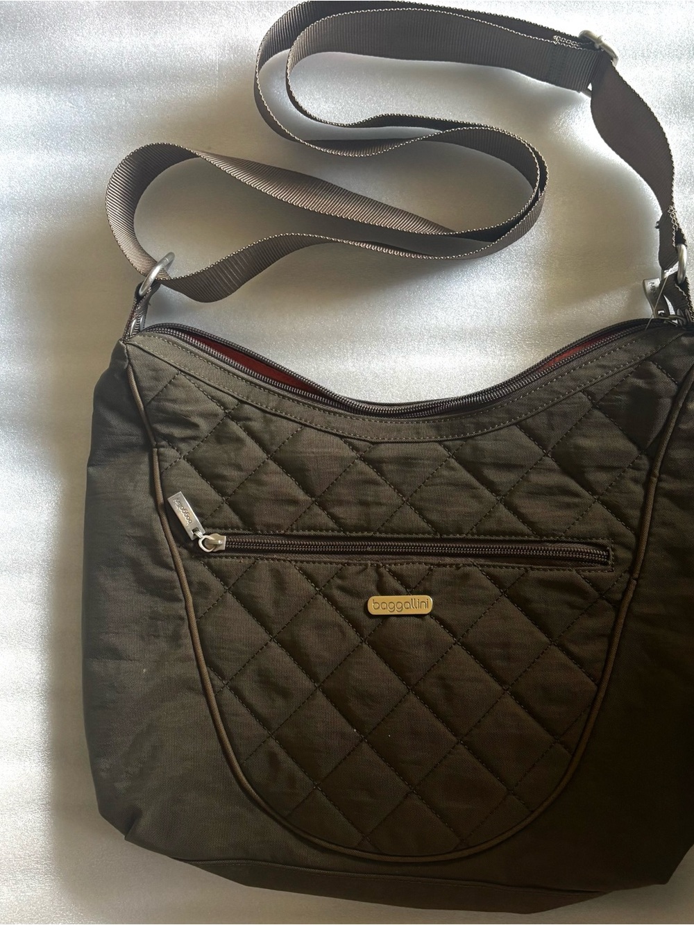 Baggallini Quilted Crossbody Bag in Brown with Tan Strap